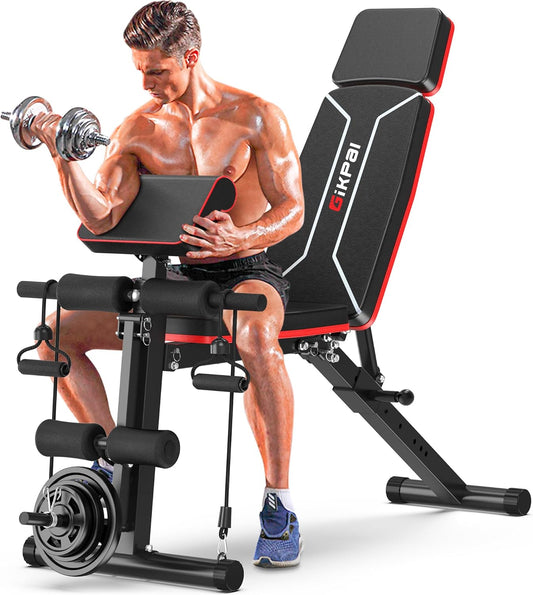 Adjustable Weight Bench, Bench Press for Full Body Workout, Foldable Workout Bench for Home Gym, Strength Training Bench to Incline Decline Flat w/Leg Extension and Headrest