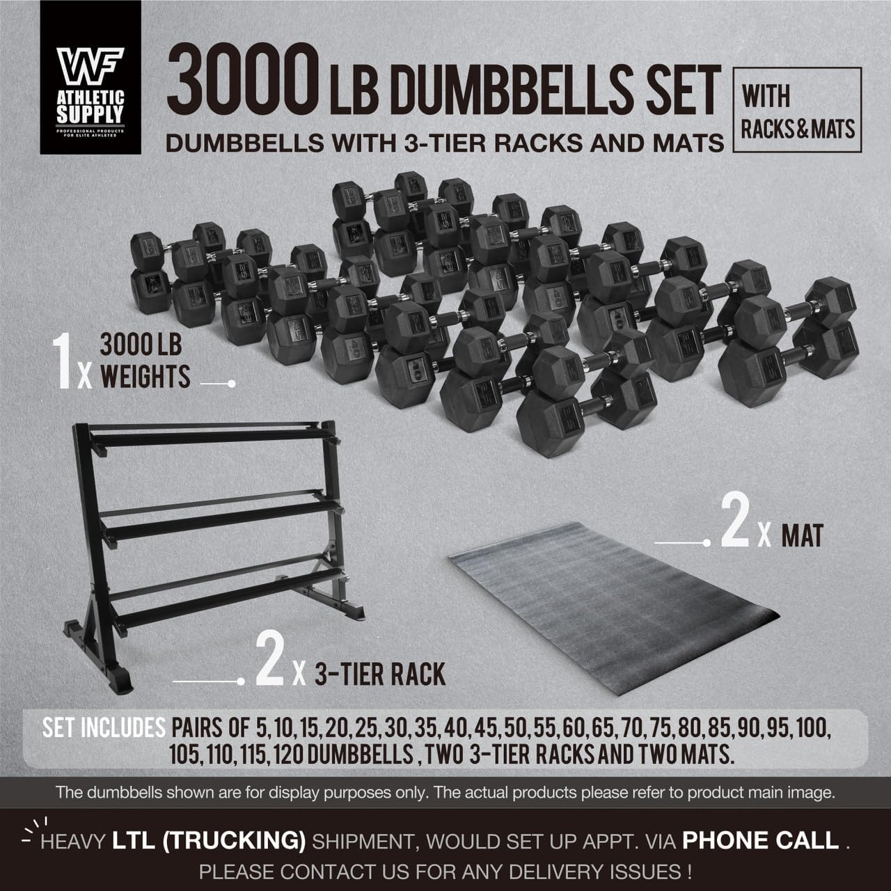 WF Athletic Supply Rubber Encased Hex Dumbbells with Rubber Grip Contoured Handle for Muscle Toning, Strength Building & Full Body Workout