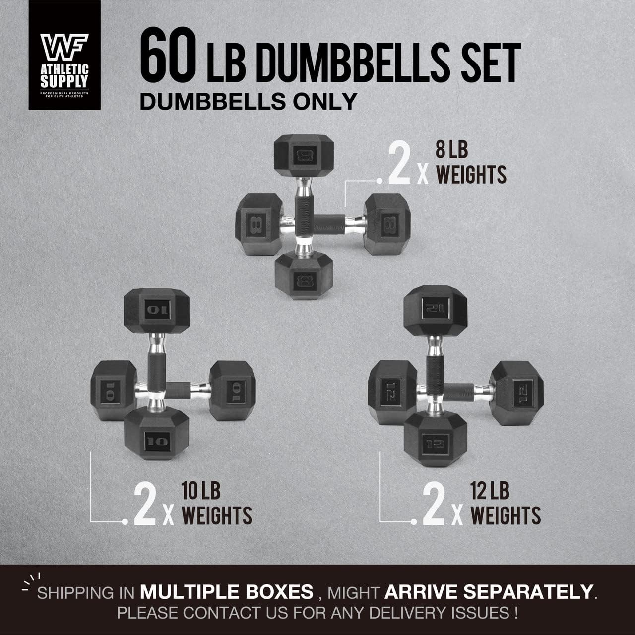 WF Athletic Supply Rubber Encased Hex Dumbbells with Rubber Grip Contoured Handle for Muscle Toning, Strength Building & Full Body Workout