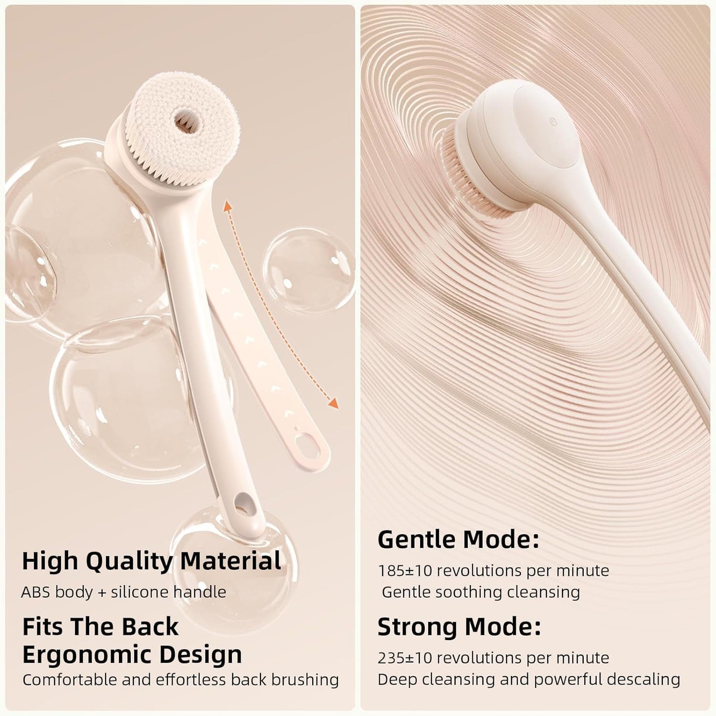 Electric Body Brush Back Scrubber for Shower, Waterproof Long Dual Handle Power Body Scrubber with 3 Heads, Rechargeable Bath Brush & 2 Speeds, for Cleansing, Exfoliating and Massaging Skin