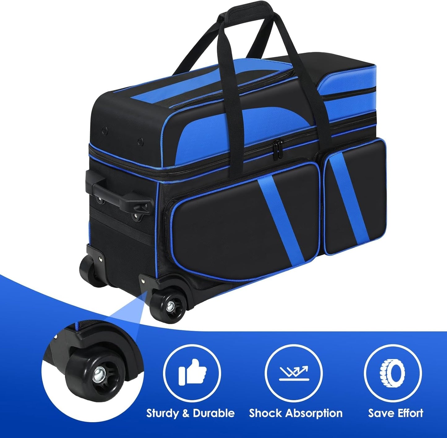 4 Ball Bowling Bag with Wheels, Bowling Bag 4 Ball Roller with Multi-pocket & Shoe Compartment & Retractable Handle, 3 Ball Roller Bag + 1 Ball Color Matching Add On Tote
