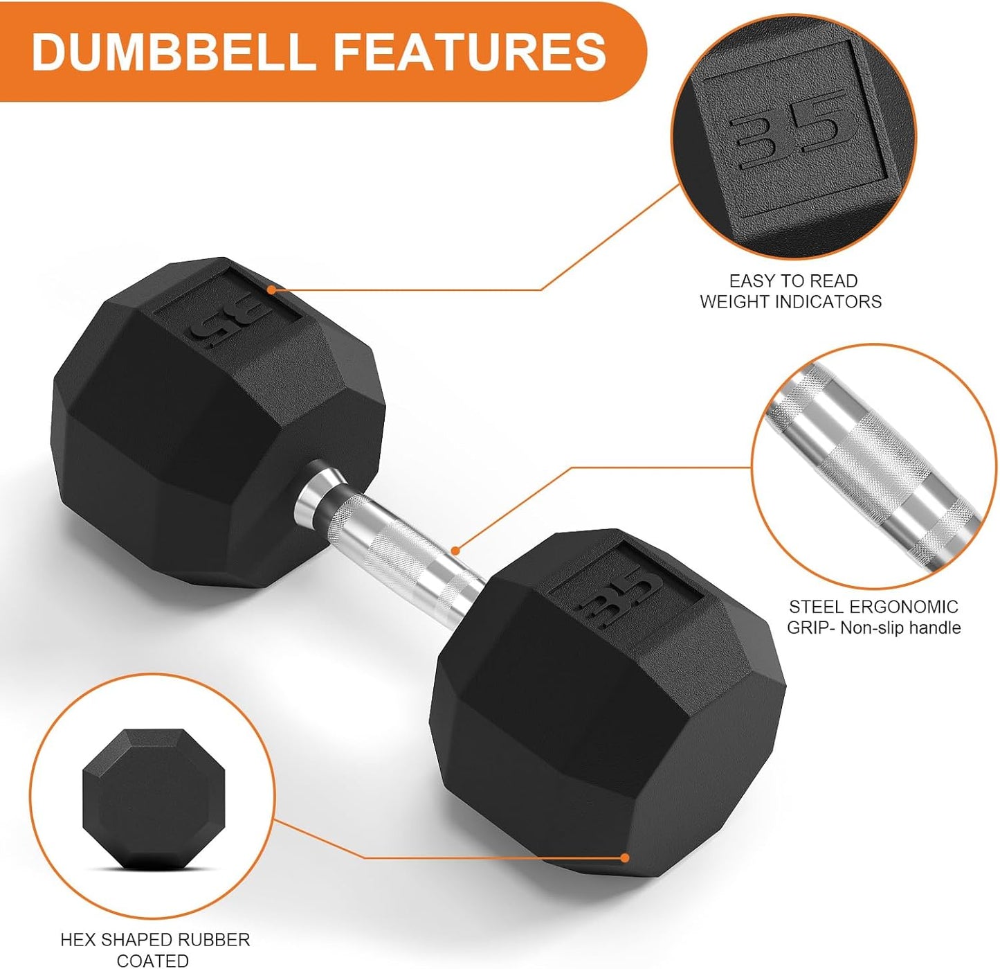 Rubber Coated Hex Dumbbell Weight Set, Multiple Sizes Exercise & Fitness Dumbbells,100LB Set,110LB Set,200LB,350LB,450LB,550LB, 35-50Lbs Pairs for Muscle Toning, Strength Building & Full Body Workout