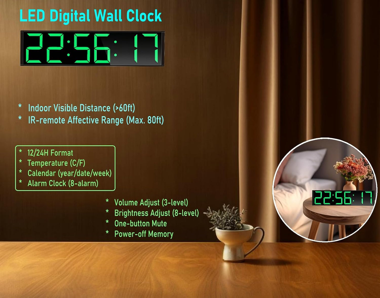 26'' Extra Large Home Gym Timer Clock, Programable Workout Interval Timer, Digital Wall Clock, with 7-Color Night Light, 8 Alarm Clocks, Calendar/Temperature, Countdown & Stopwatch (Green)