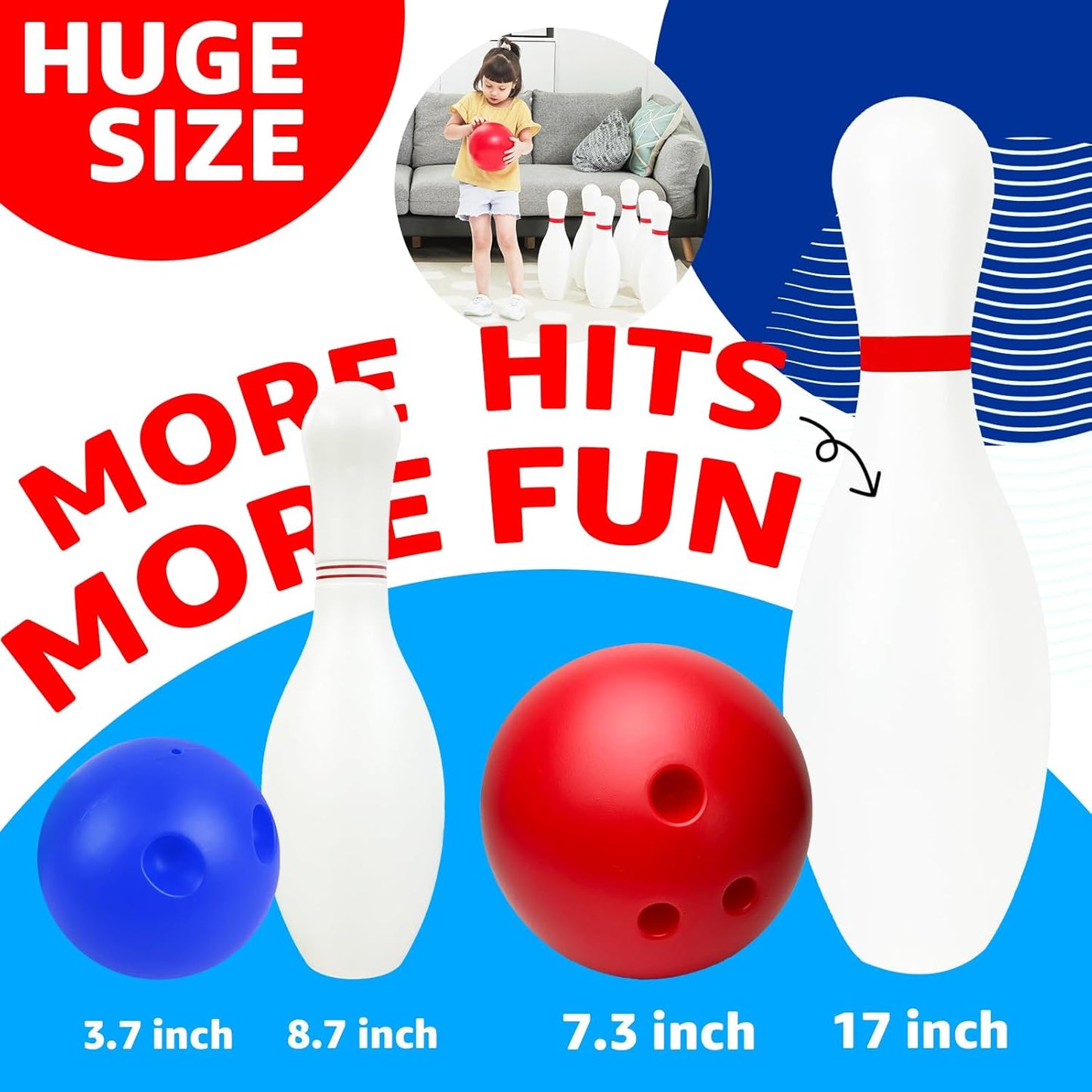 17 inch Huge Bowling 6 pins Set with Storage Bag - Outdoor & Indoor Play Toys, Backyard Games Kids Activities, Family Party, Birthday for Toddlers Ages 5 6 7 8 Year Old - Amazon Exclusive