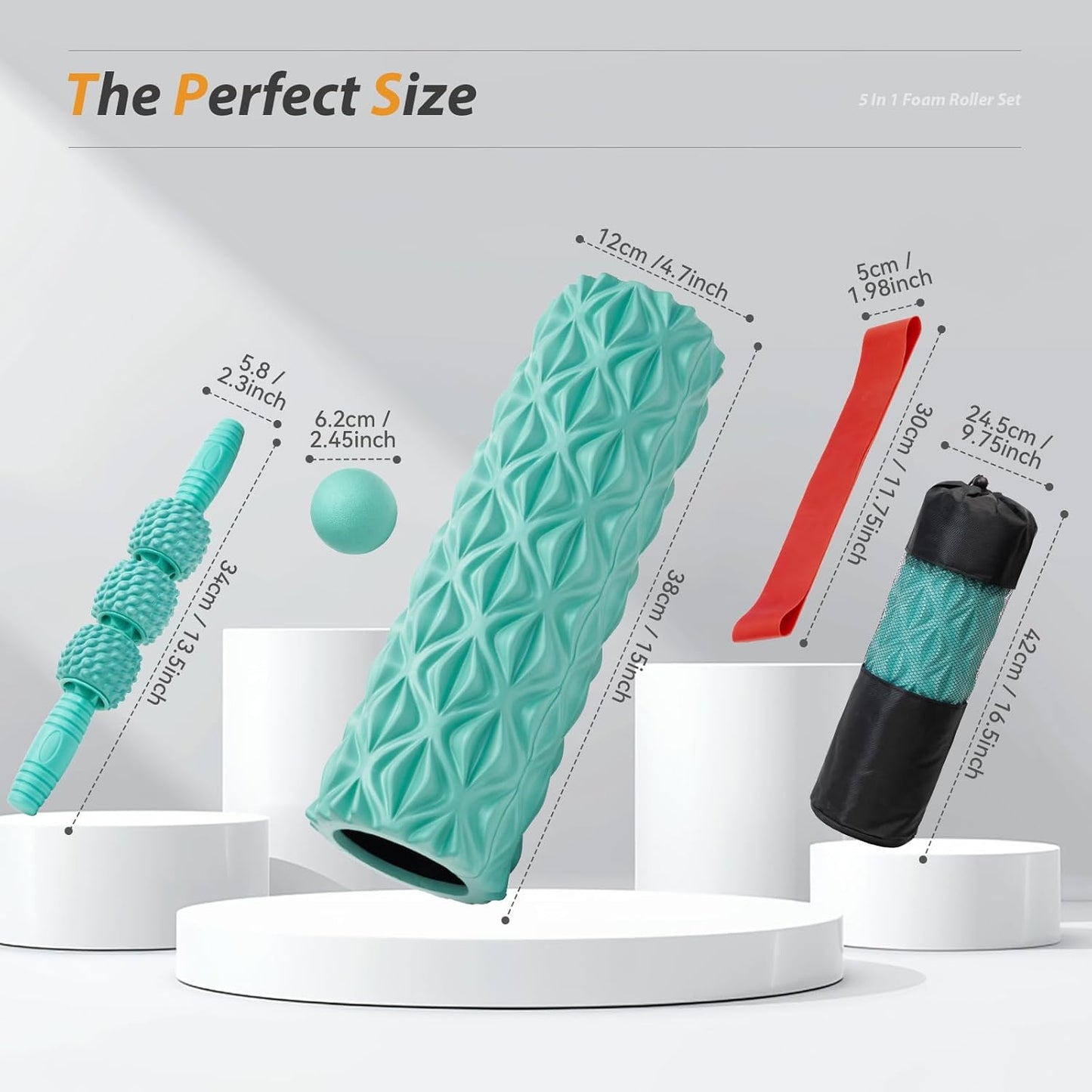 5 in1 Foam Roller Set, Trigger Point Foam Roller, Massage Roller Stick, Massage Ball, Resistance Band for Deep Muscle Massage Pilates Yoga,Fitness Exercise for Whole Body (Pure Turquoise)