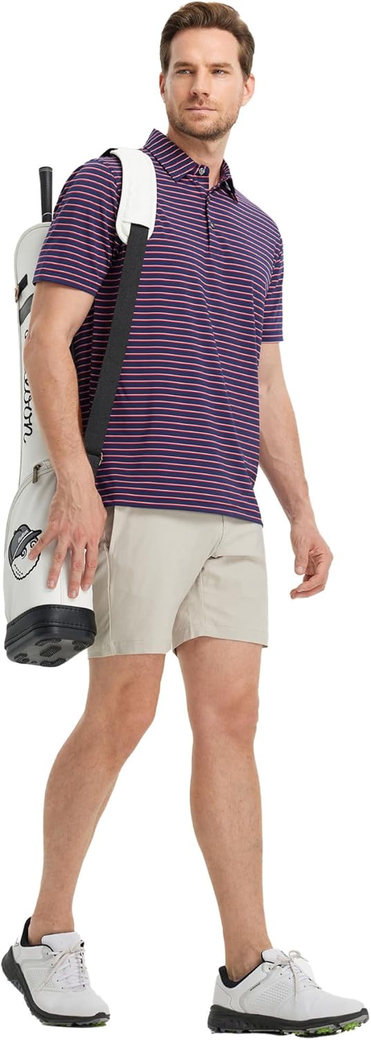 Rouen Mens Polo Shirts Short Sleeve Dry Fit Performance Moisture Wicking Causal Striped Polo Collared Golf Shirts for Men