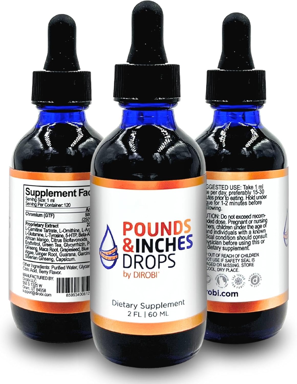 Dirobi Pounds and Inches Weight Management Drops, Liquid Supplement for Women and Men, Diet-Pill Alternative with Delicious Blueberry Flavor, 2 Oz. Bottle