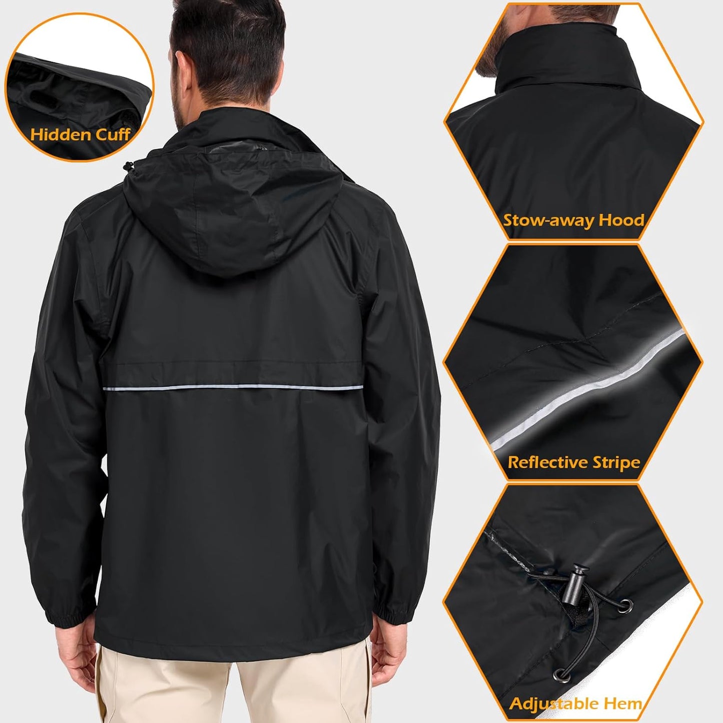 MANSDOUR Men's Packable Rain Jacket Waterproof Lightweight Windbreaker Cycling Golf Hiking Reflective Raincoat with Hood