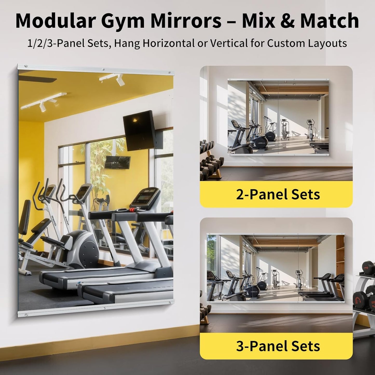 Home Gym Mirror - 60x40 Inch, 3PCS Frameless Tempered Glass Full Body Mirror for Wall Mount - Ideal for Yoga, Workout, Bedroom, Dance Studio (Silver)