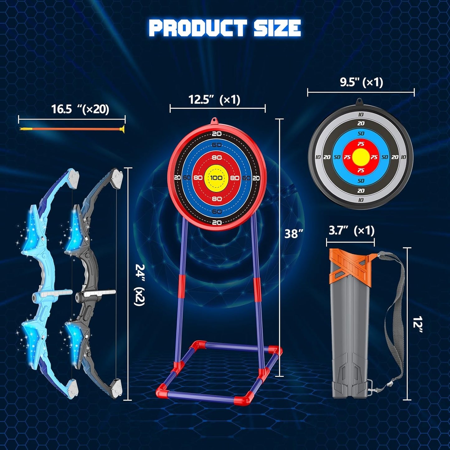 2 Pack Kids Bow and Arrow, 20 Suction Cup Arrows, 2 Archery Targets&Quiver, Light-up Set for 4 5 6 7 8 9 10 11 12 Year Old, Indoor Outdoor Toys for Ages 5-7 8-13 Boys Girls(Black & Blue)