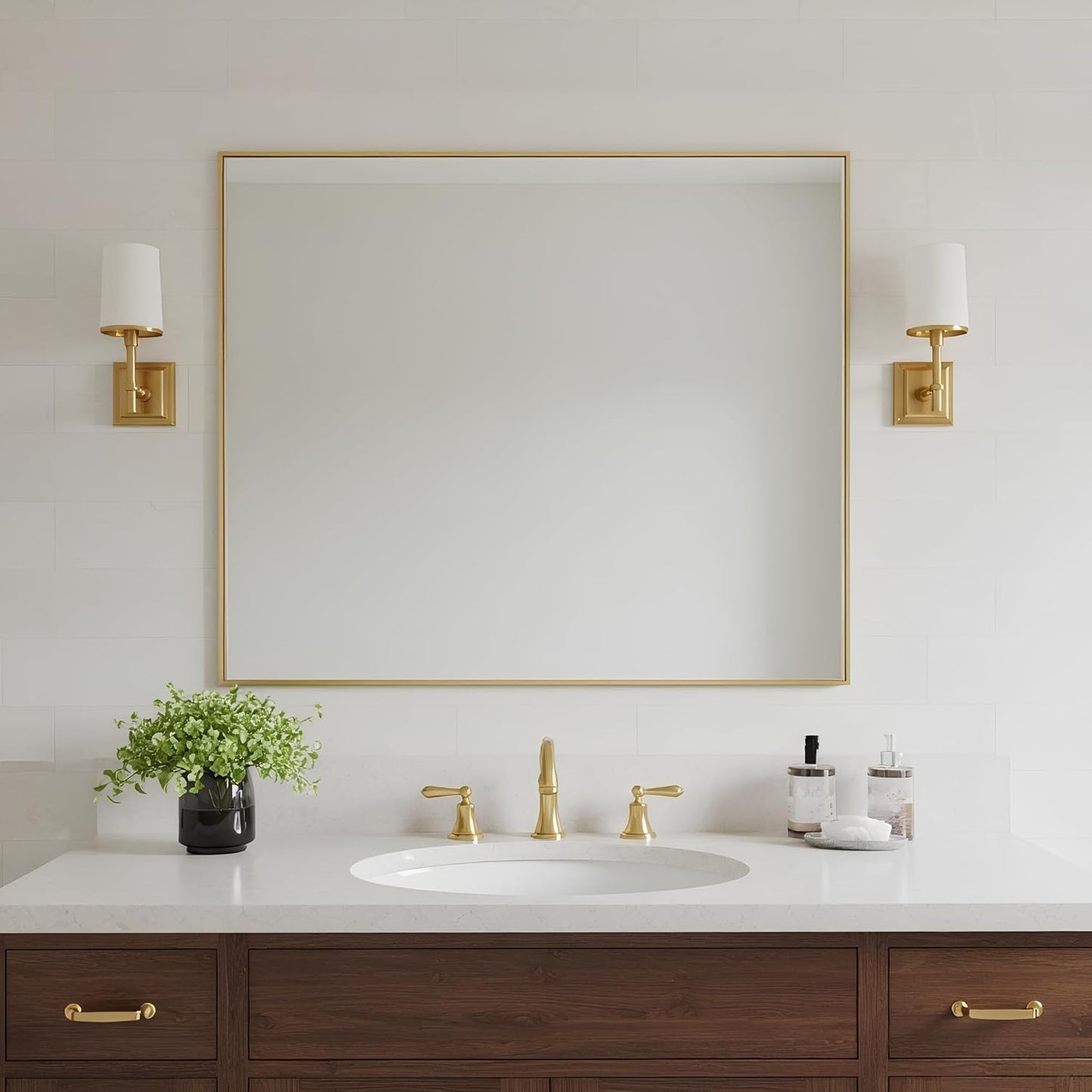 24x32 Inch Brass Bathroom Mirror for Wall, Aluminum Frame Rectangle Rectangular Vanity Mirror, Modern Large for Bedroom, Living Room, Horizontal or Vertical