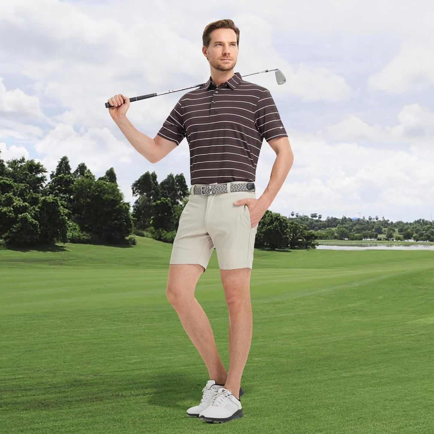 Rouen Mens Golf Shirt Moisture Wicking Dry Fit Performance Stripe Casual Collared Short Sleeve Golf Polo Shirts for Men