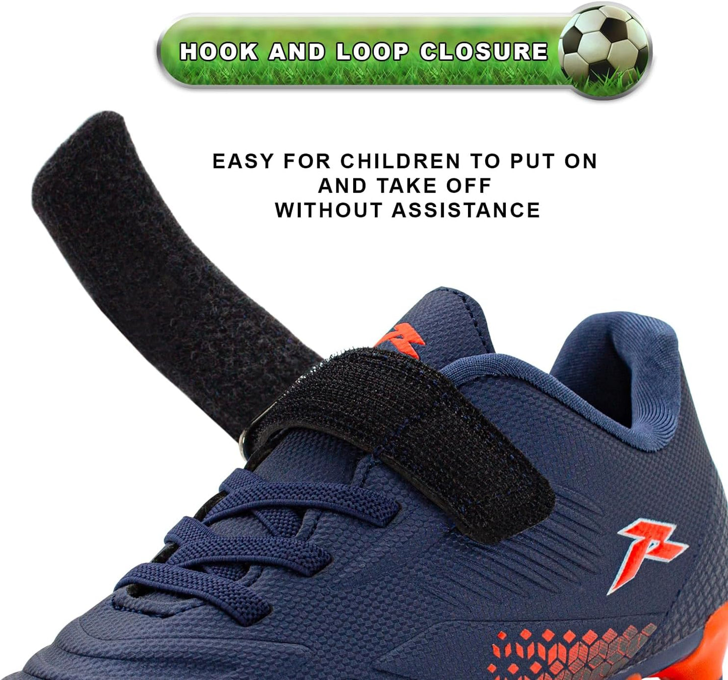 RUNIC Kids Soccer Cleats for Boys and Girls - Small and Big Kid Athletic Outdoor Football Shoes - Firm Ground - Hook and Loop Closure - Black/Gold