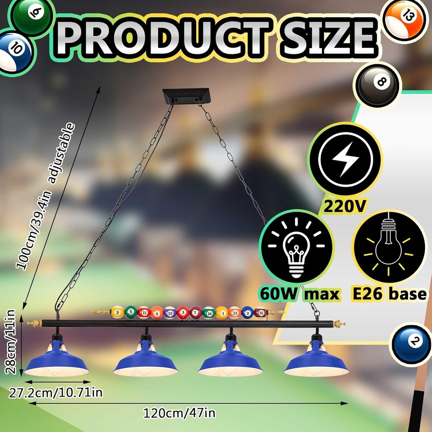 Adjustable 4 Light Pool Table Lights for 7'-8' Billiard Light Hanging Pool Table Fixture Lighting Pendant Lamp with Metal Shades for Game Rooms (Bulb Not Included)(Blue)