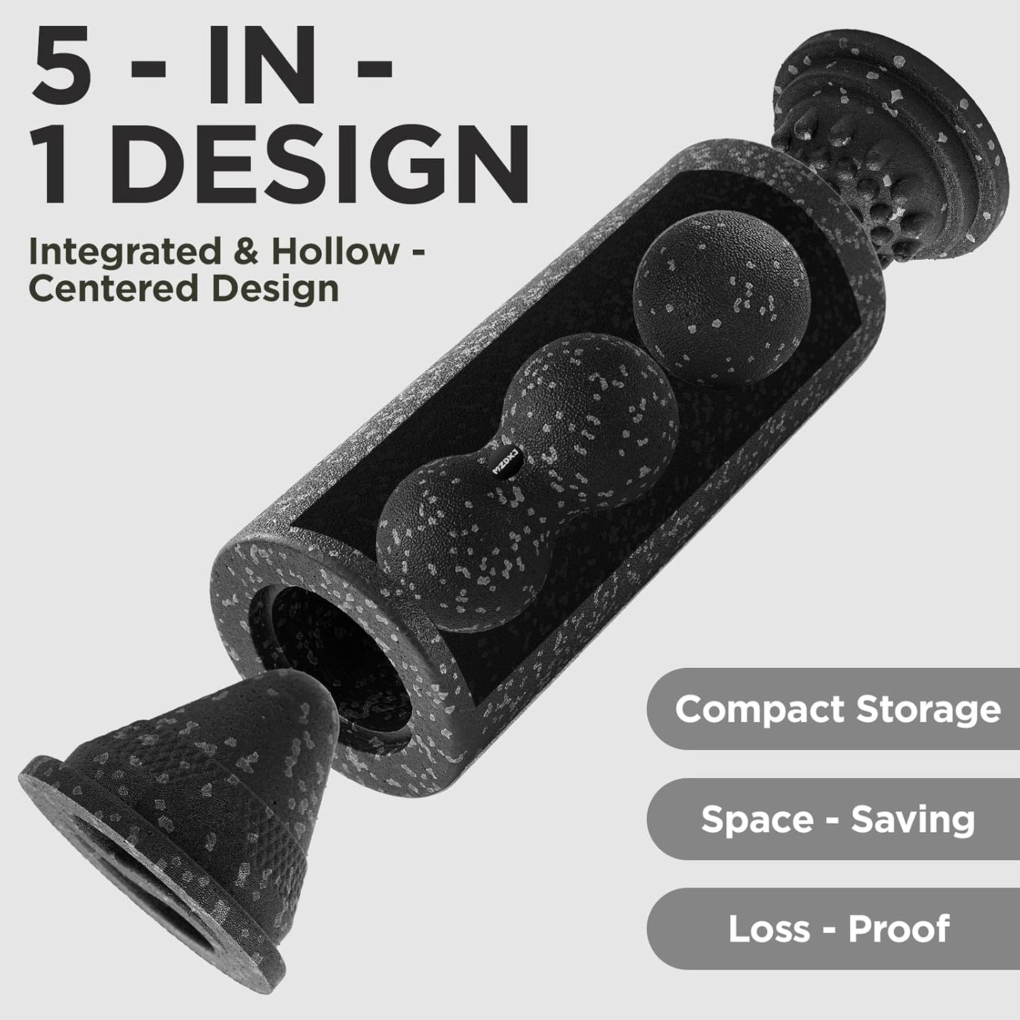 5 in 1 Foam Roller Set with Peanut Massage Ball, Curved Muscle Brush - Yoga Roller, Massage Ball, Trigger Point Triangle for Deep Tissue Relief (Black Gray)