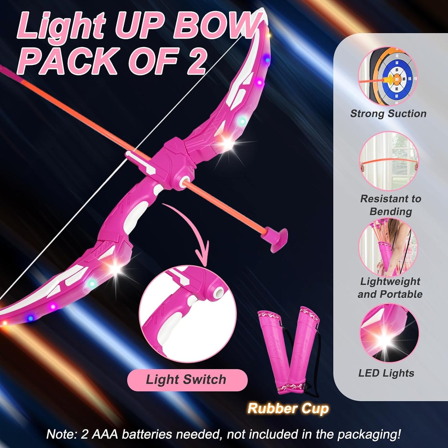 2 Pack Bow and Arrow Toy for Kids 3-8-12, LED Light Up Archery Set with Shooting Game Toy & Standing Target for Boys and Girls Age 5 6 7 8 9 10 11+, Indoor Outdoor Activity Toys for Birthday