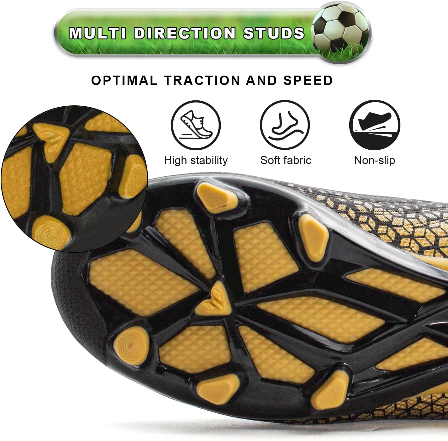 RUNIC Kids Soccer Cleats for Boys and Girls - Small and Big Kid Athletic Outdoor Football Shoes - Firm Ground - Hook and Loop Closure - Black/Gold