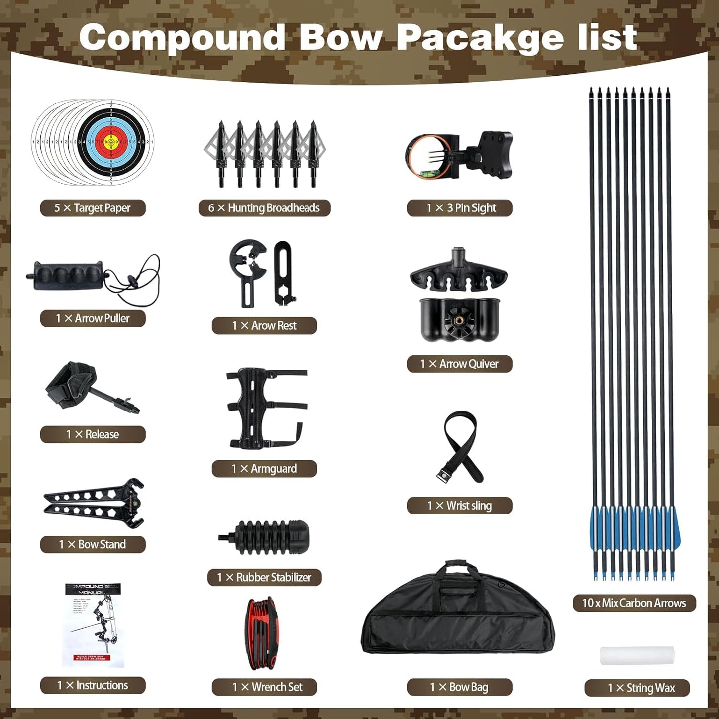 Compound Bow and Arrow Set for Adults 30-65LBS Draw Weight, Ready to Hunt, Archery Hunting Bows 19.5"-30.5" Draw Length, Limbs Made in US