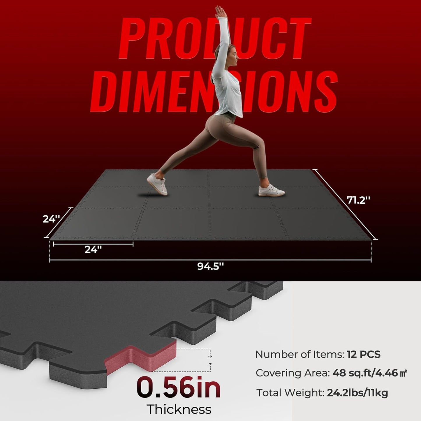 SUPERJARE 0.56'' Thick 12 Pcs 48 Sq Ft Rubber Top Exercise Equipment Mats, High Density EVA Foam Mats with Rubber Top, Interlocking Gym Flooring for Home Gym, Protective Workout Mat, Black
