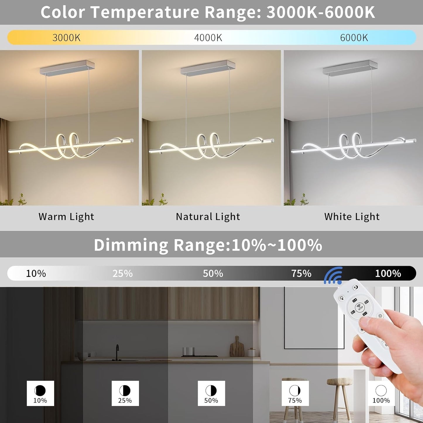 Modern LED Pendent Lights Kitchen Island,3000k-6000K Adjustable Color Dining Room Light Fixture,Dimmable with Remote Control Aluminum for Kitchen, Living, Dining,Bedroom(47in Chrome Silver