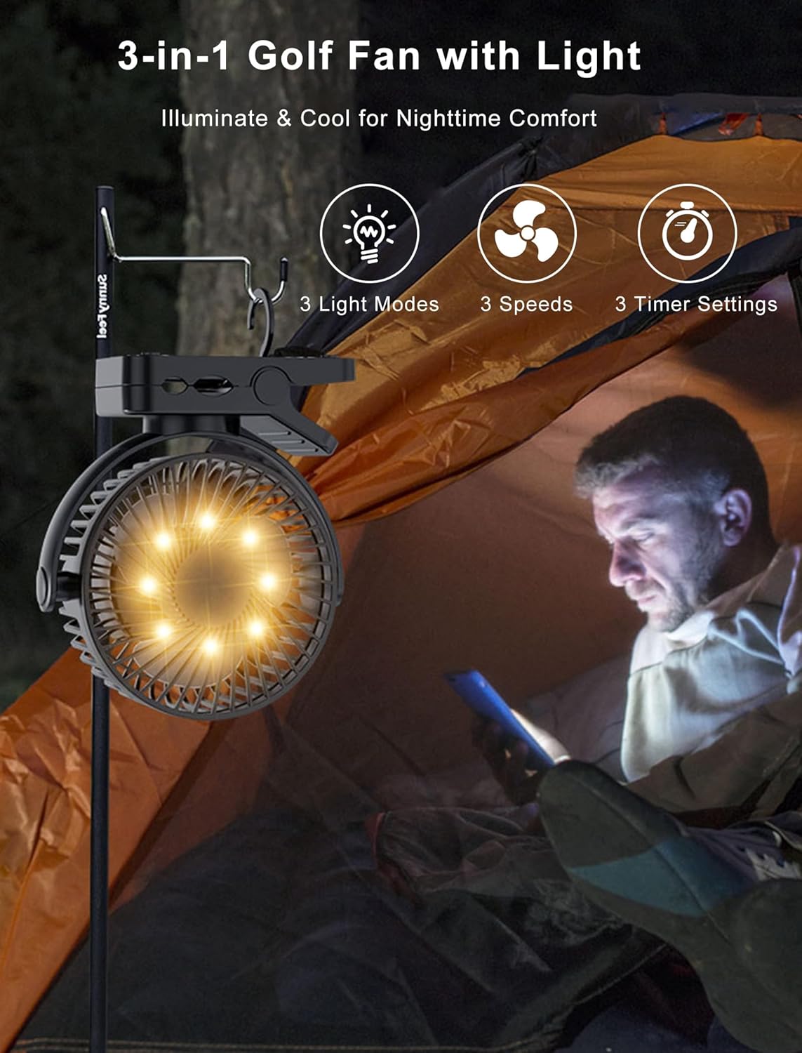 2-Pack Magnetic Clip on Fan for Golf Cart, 12000mAH Battery Operated Portable Fan with 3 Speeds, LED Lantern, Magnetic Base, Suitable for EZGO Club Car Yamaha, Golf Cart & Cruise Ship Accessories