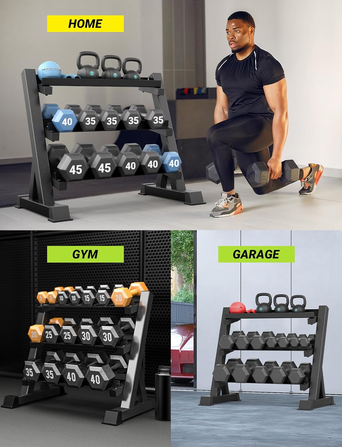 YOLEO Dumbbell Rack - 3 Tier & 5 Tier Compact Weight Rack for Dumbbell, Kettlebell, Barbell, Heavy Duty Weight Storage Organizer, Space-Saving Dumbbell Storage Stand Holder for Home Gym - 1100LBS Capacity (Rack Only)