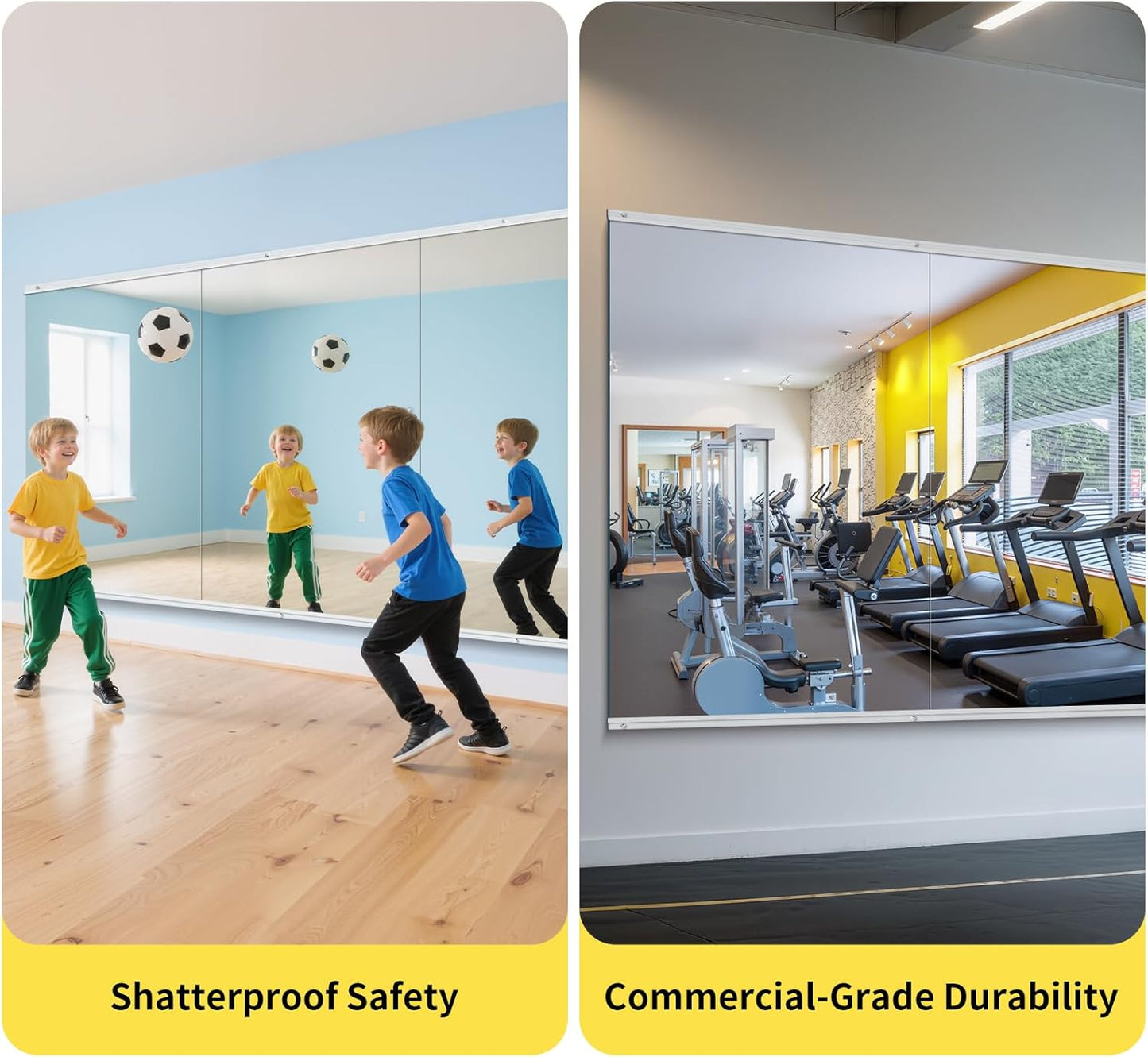 Home Gym Mirror - 48x24 Inch, 3PCS Frameless Tempered Glass Full Body Mirror for Wall Mount - Ideal for Yoga, Workout, Bedroom, Dance Studio (Silver)