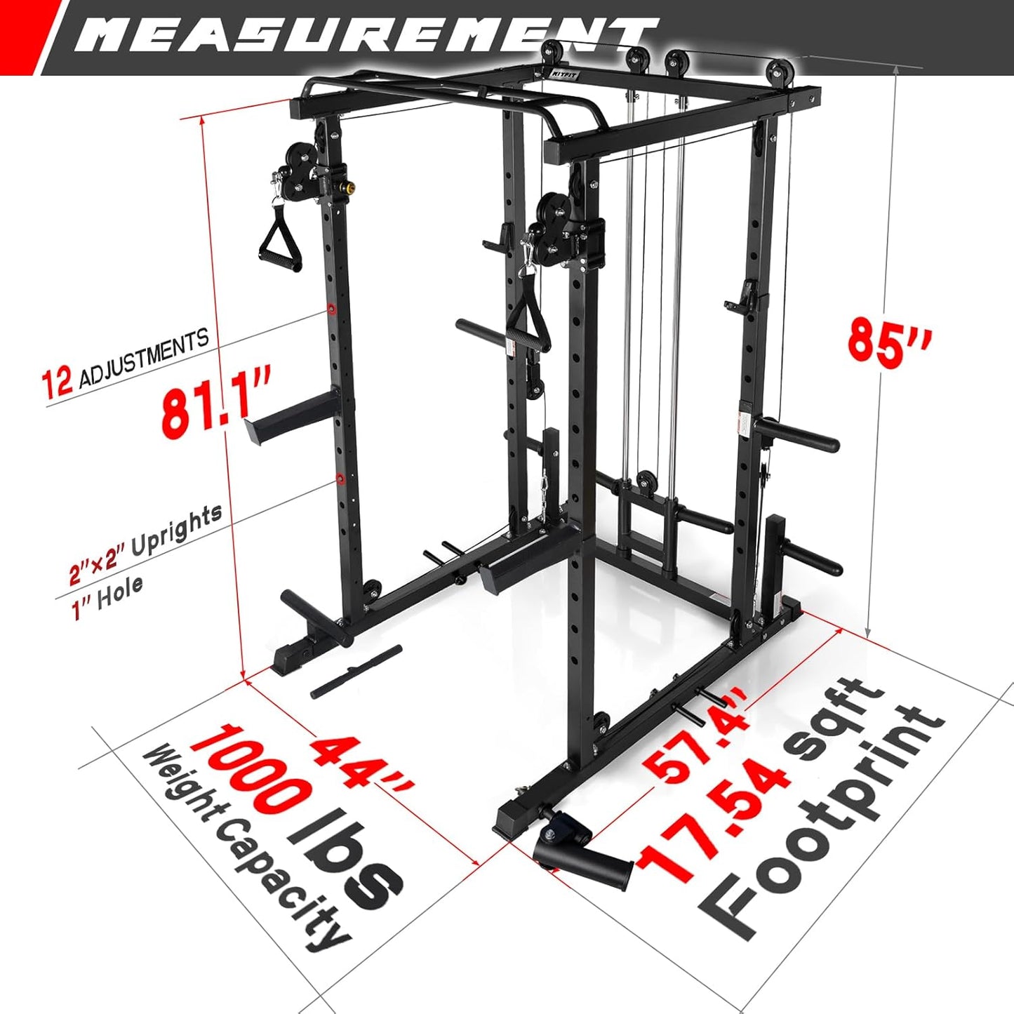 RitFit Power Cage with Optional LAT PullDown/Cable Crossover, 1000LB Squat Rack for Home & Garage Gym, with Weight Storage Rack and More Training Attachments, ASTM-Certified
