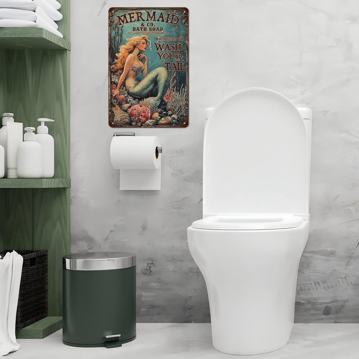 Retro Mermaid Tin Sign Wash Your Tail Vintage Metal Poster Funny Bath Soap Wall Art Toilet Bathroom Man Cave Bar Cafe Indoor Living Room Garage 12 * 8inch