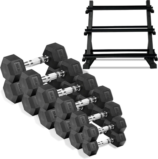 Ritafer 6-10 Pair Hex Rubber Dumbbell Set 350/450 and 550 lbs（5-50 lbs ）Hand Free Weight for Strength Coated Encased Iron Weights with Dumbbells Storage Rack Home Gym