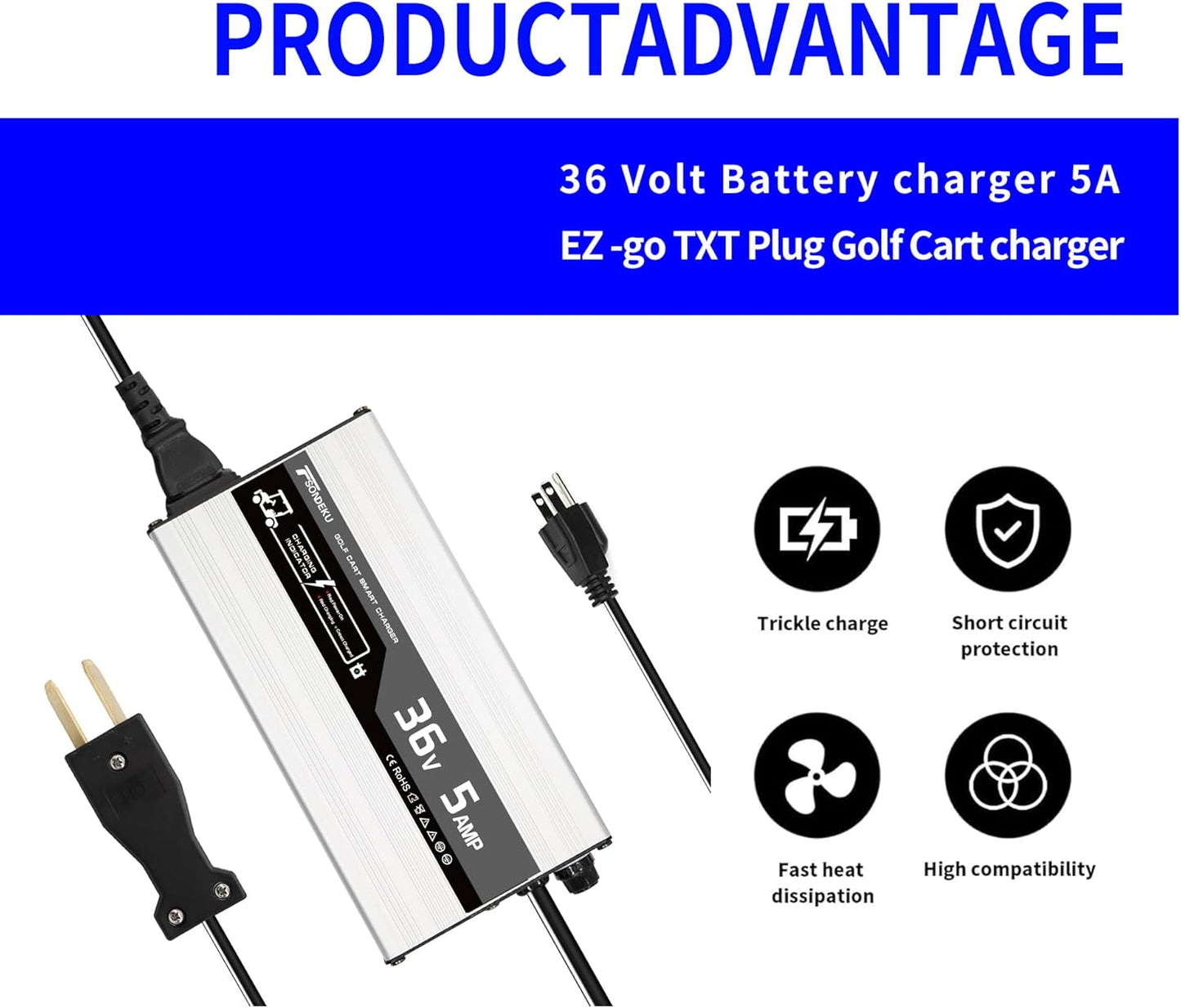 36V 5A Golf Cart Charger with Crowfoot Connector Plug Compatible with TXT DS Golf Cart, Yamaha | Multi-Scenario Use for Home, Club & Storage, Lightweight