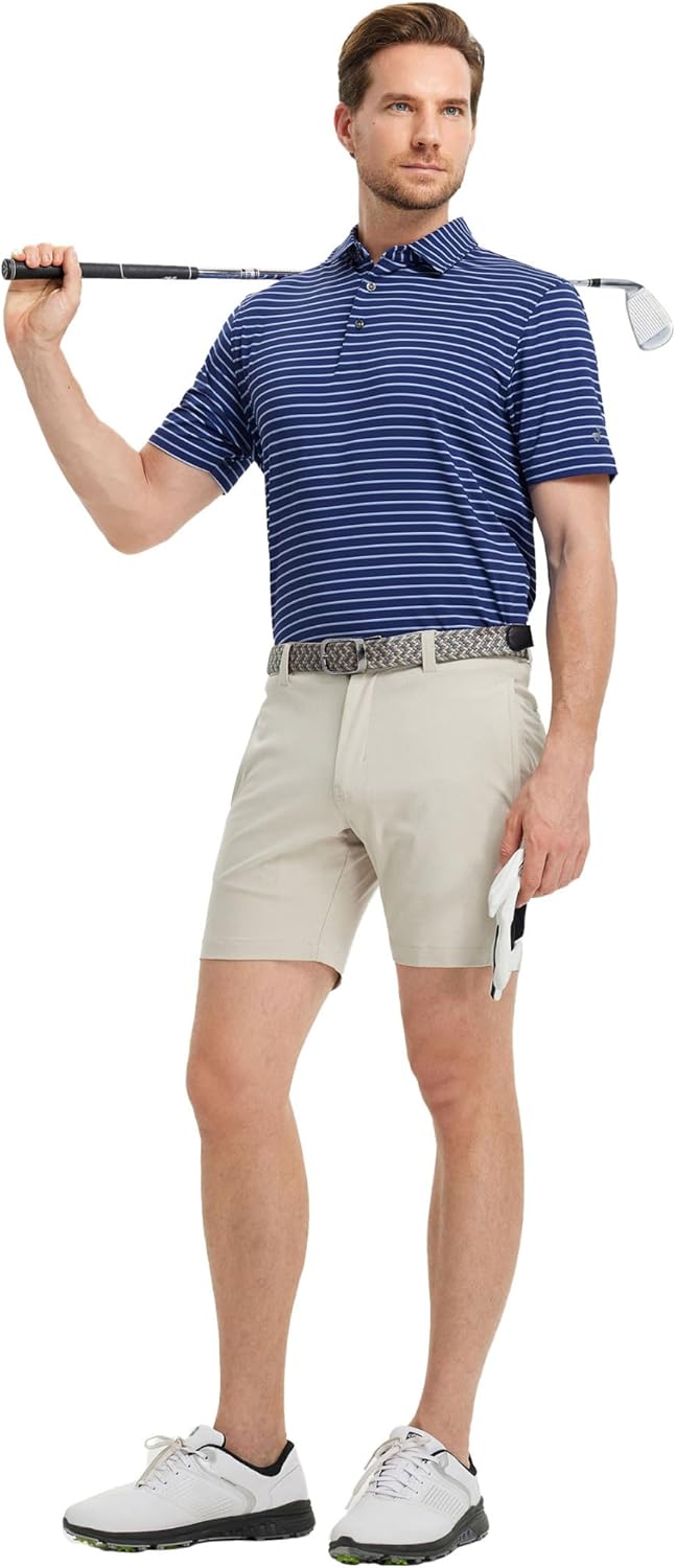 Rouen Mens Polo Shirts Short Sleeve Dry Fit Performance Moisture Wicking Causal Striped Polo Collared Golf Shirts for Men