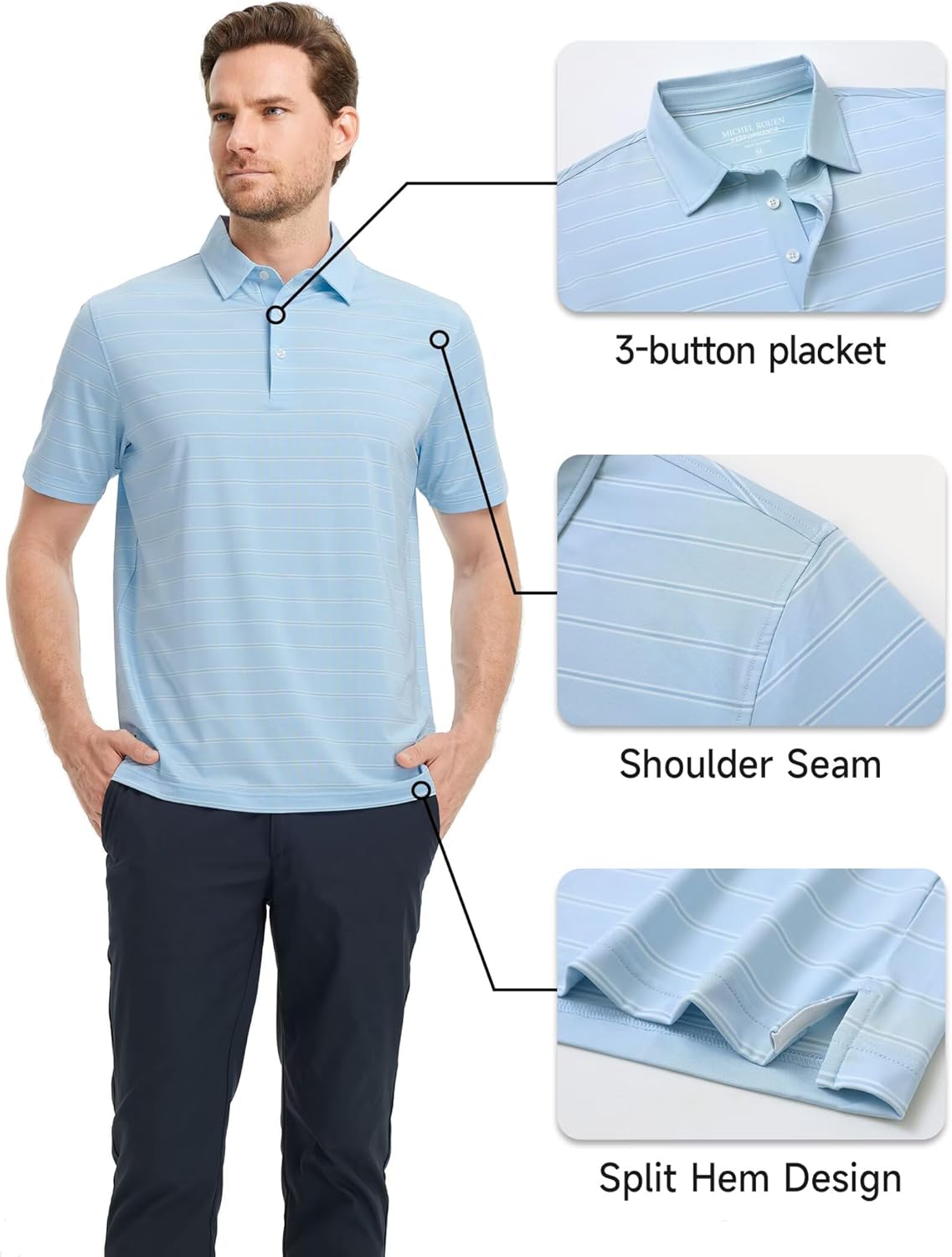 Rouen Polo Shirts for Men Dry Fit Performance Heather Stripe Golf Polo Moisture Wicking Lightweight Breathable Golf Shirts