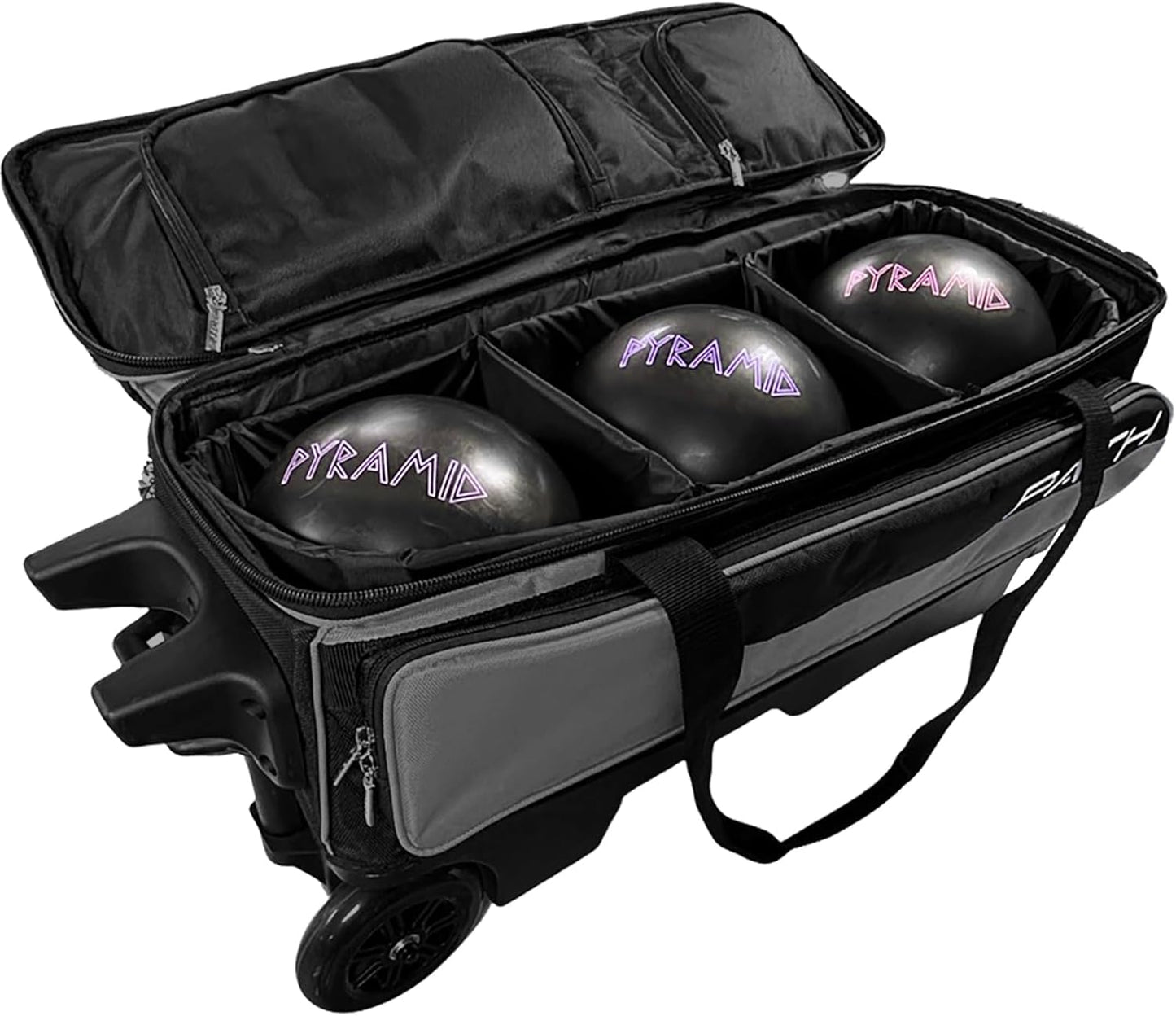 Pyramid Path Triple Premium Deluxe Roller Bowling Bag With Extra Large Separate Shoe Compartment (Up To US Mens Size 16) and 5 Accessory Pockets, 5" Wheels, Retractable Locking Handle - Extends to 42"