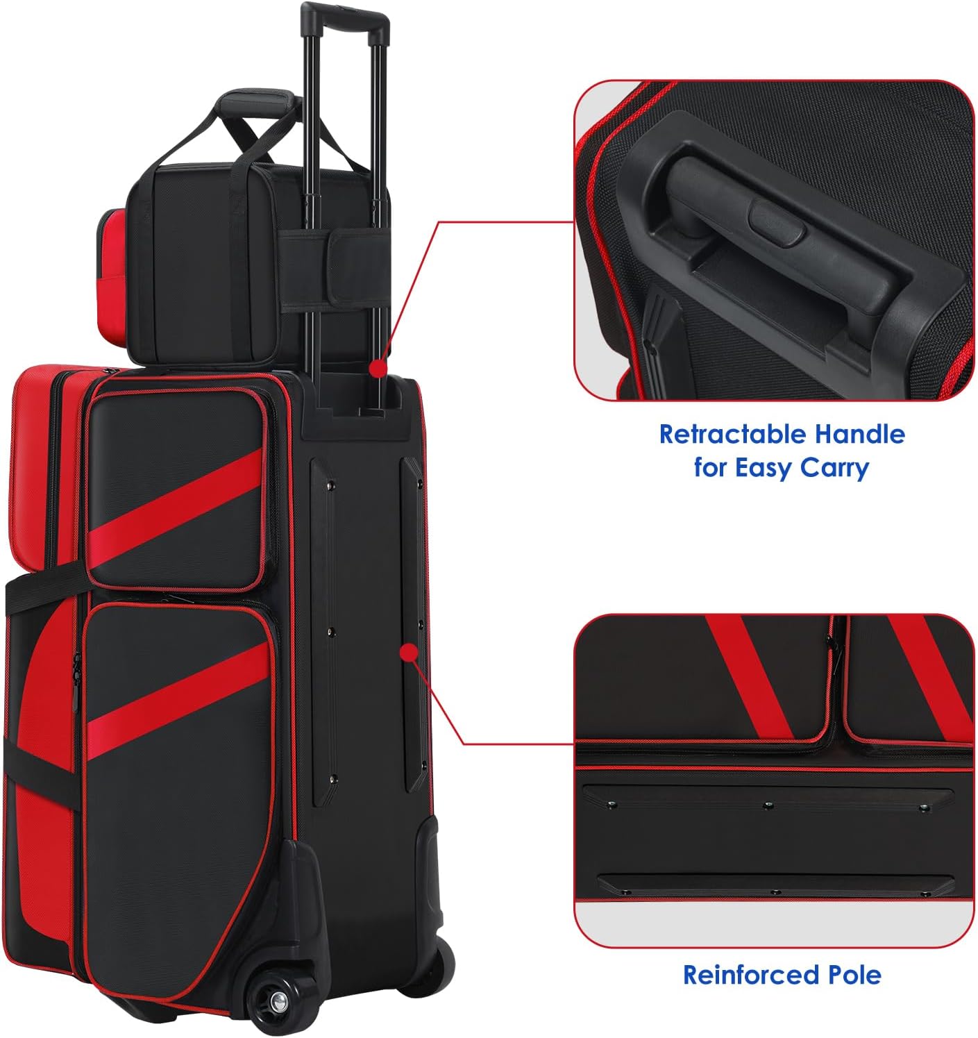 4 Ball Bowling Bag with Wheels, Bowling Bag 4 Ball Roller with Multi-pocket & Shoe Compartment & Retractable Handle, 3 Ball Roller Bag + 1 Ball Color Matching Add On Tote