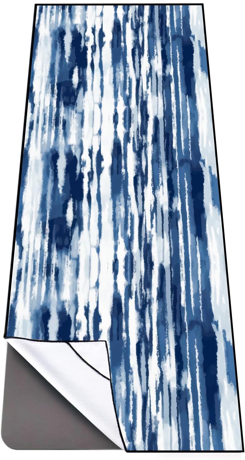 QiyI Yoga Mat Towel with Corner Pockets, Non Slip Sweat Absorbent Hot Yoga Towels, Soft Yoga Blankets with Travel Bag, Skidless Mat Cover for Workout, Gym, Fitness - 70"x26", Blue White Tie Dye