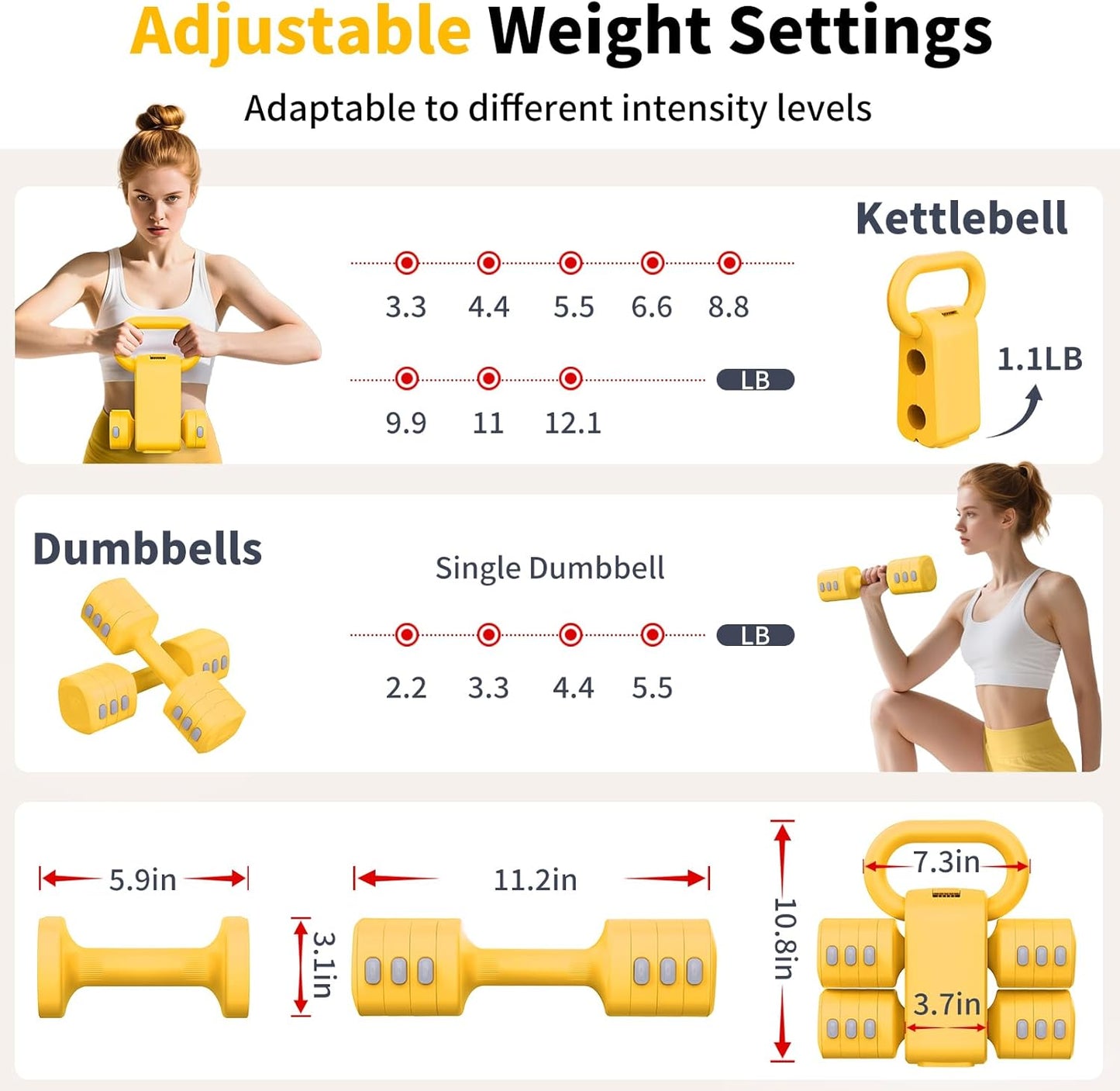 2-in-1 Adjustable Dumbbells Set, 4 Levels Weight Dumbbells Set for Women Men, Each 2.2/3.3/4.4/5.5lb Hand Weights with Kettlebell Form for Home Gym Exercise Training