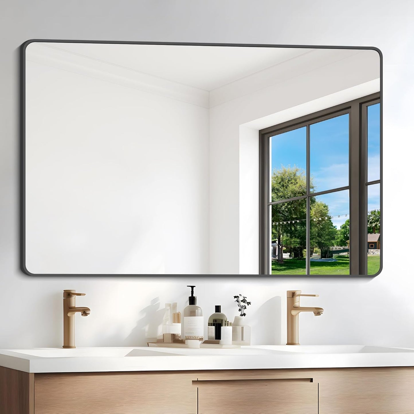 36" x 55"Bathroom Mirror, Matte Black Wall Mirror with Metal Frame, Decorative Rectangular Vanity Mirror for Bedroom Bathroom Living Room Entryway (Horizontal/Vertical)