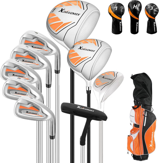 10 Pieces Complete Mens Womens Golf Clubs Set Right Hand for Men Women Includes Stand Bag with Rain Hood, 1#Driver 3#Wood #5 Hybrid,with 3 Head Covers, 6# 7# 8# 9# PW# Irons and Putter