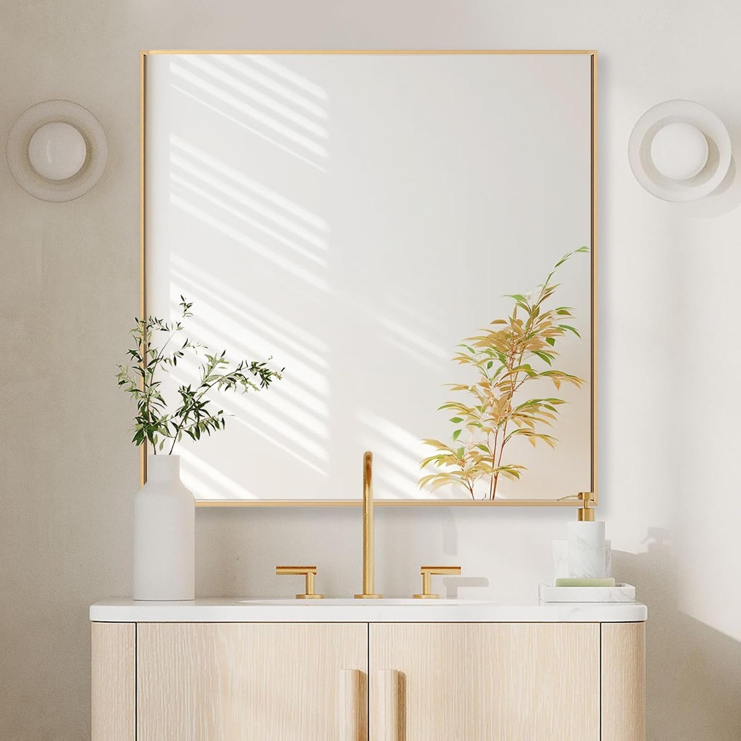 30x30 Inch Orange Gold Bathroom Mirror for Wall, Aluminum Frame Rectangle Rectangular Vanity Mirror, Modern Large for Bedroom, Living Room, Horizontal or Vertical