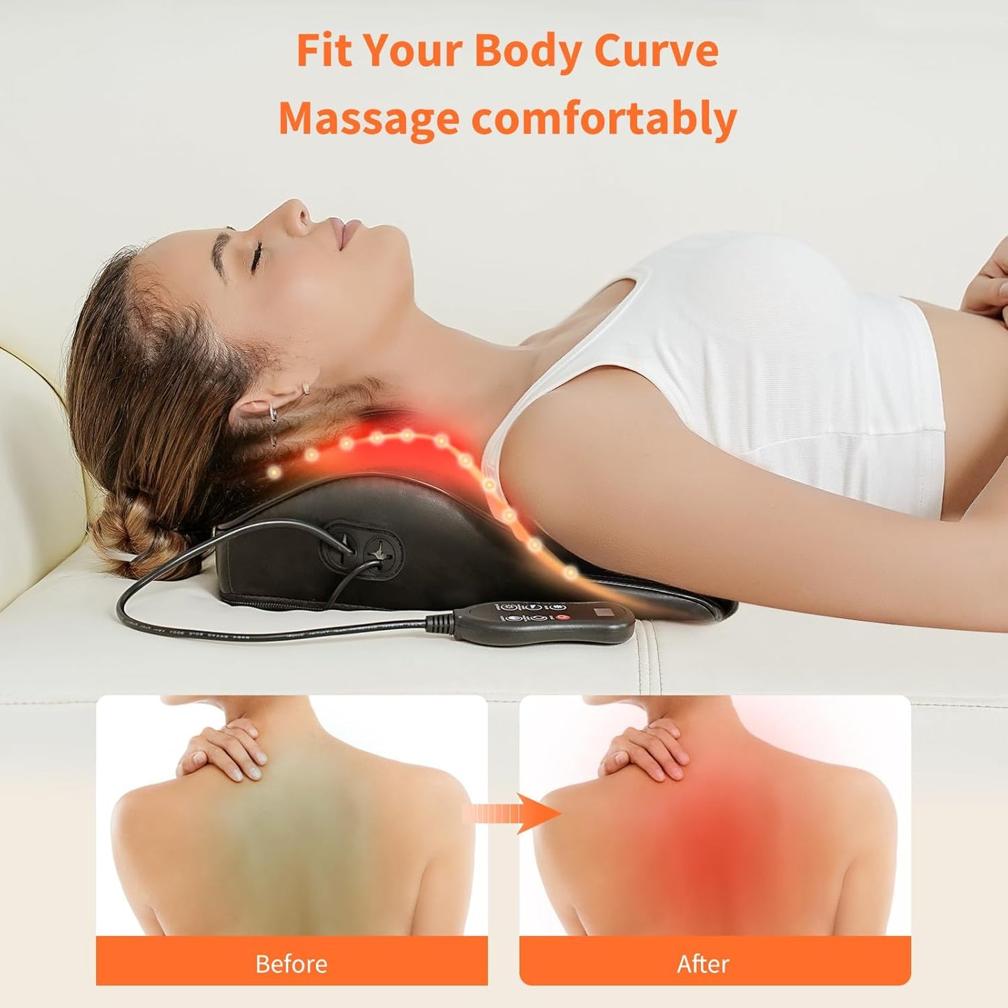 Rechargeable Back Massager with Heat, Shiatsu Neck Massager for Pain Relief Deep Tissue, 4D Kneading Massage Pillow for Neck Shoulder Leg Waist and Abdominal, Suit for Office, Home and Car