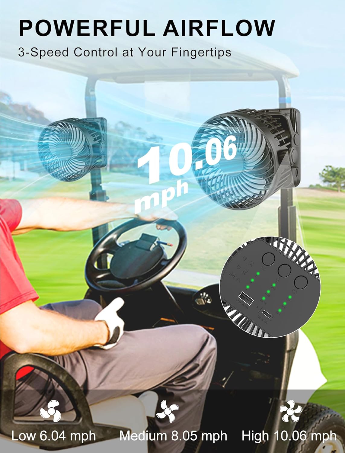 2-Pack Magnetic Clip on Fan for Golf Cart, 12000mAH Battery Operated Portable Fan with 3 Speeds, LED Lantern, Magnetic Base, Suitable for EZGO Club Car Yamaha, Golf Cart & Cruise Ship Accessories