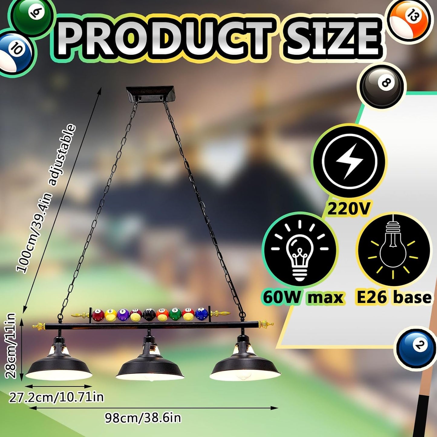 Adjustable Pool Table Lights for 7'-8' Billiard Light Hanging Pool Table Light Fixture Lighting Pendant Lamp with Metal Shades for Game Rooms (Bulb Not Included)(3 Lights)