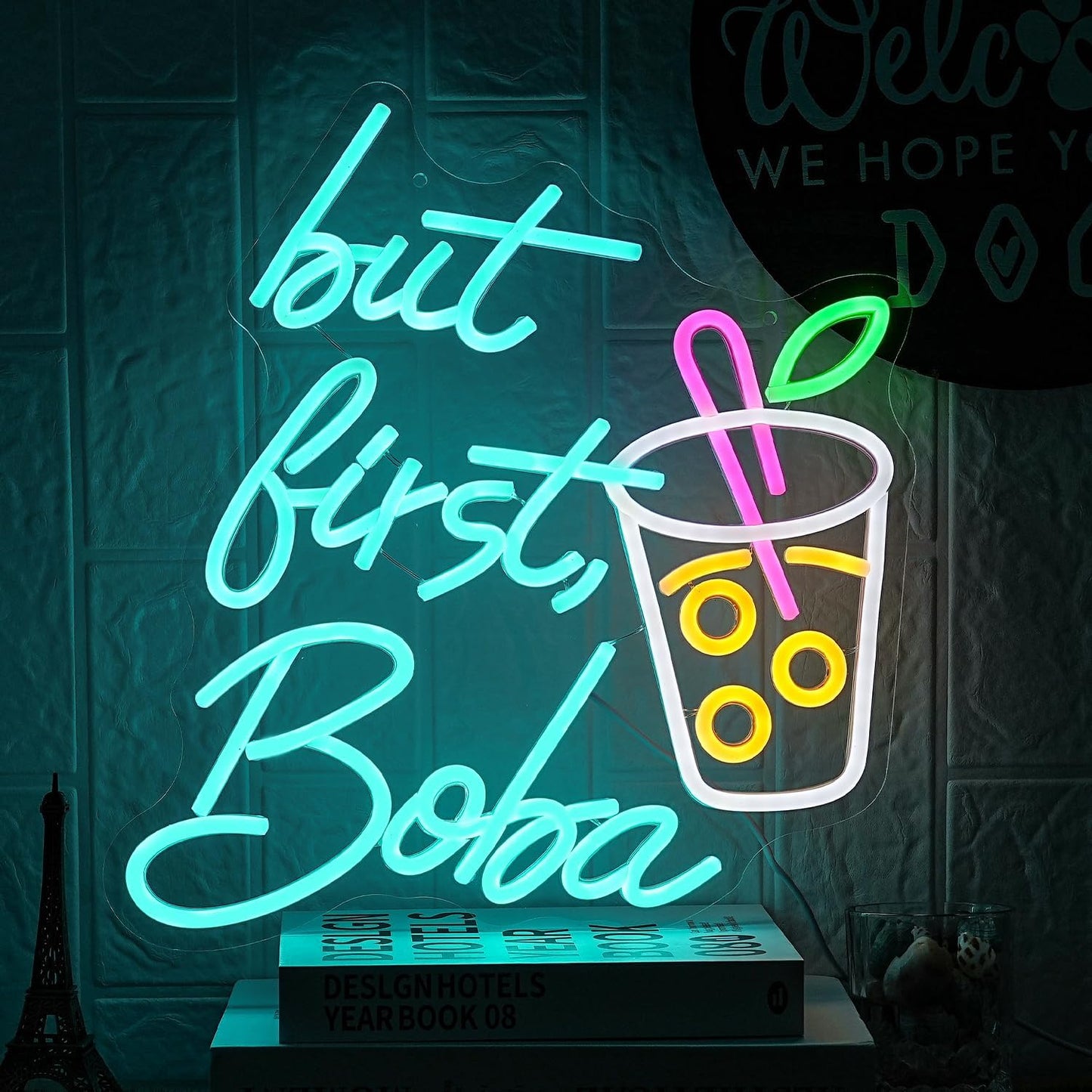 But First Boba Neon Sign Bubble Tea with Cup Neon Sign for Wall Decor Milk Tea Neon Lights Dimmable LED Neon Light Signs for Restaurant Coffee Dessert Shop Party(15.2 * 13in)