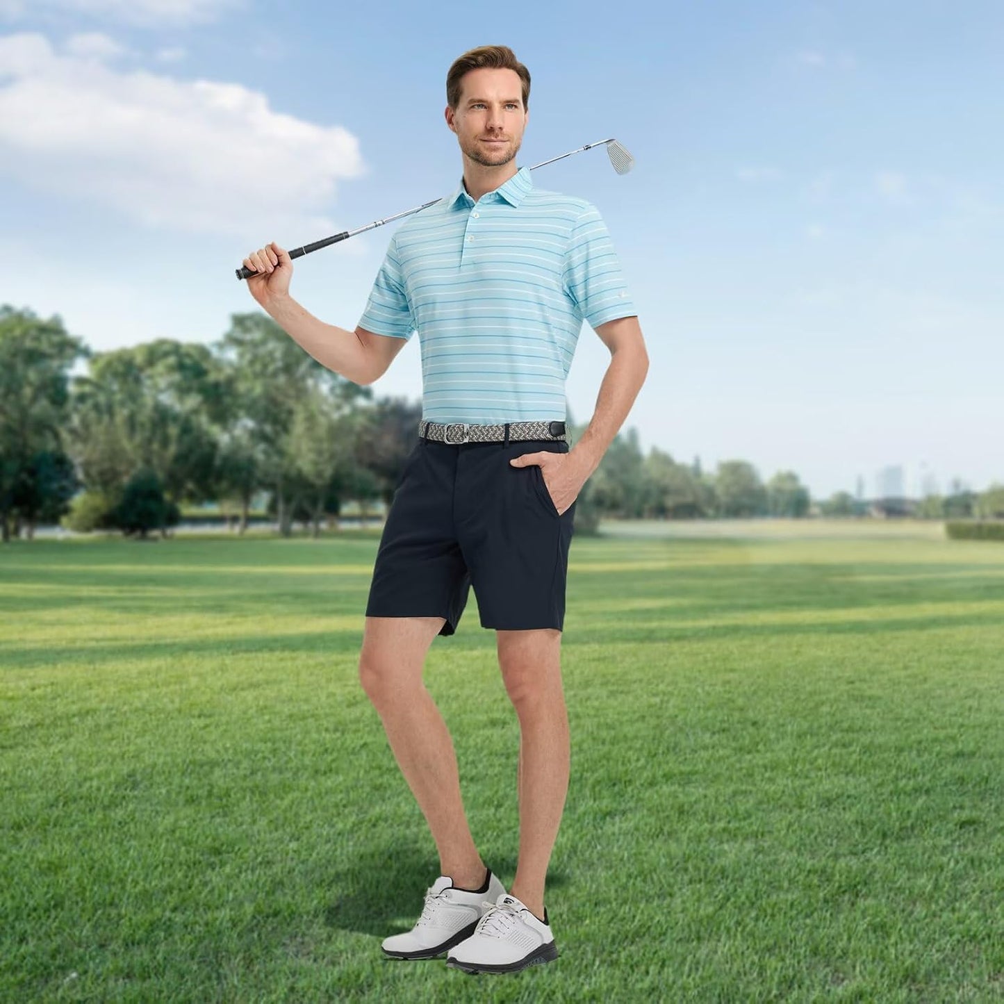 Rouen Mens Golf Shirt Moisture Wicking Dry Fit Performance Stripe Casual Collared Short Sleeve Golf Polo Shirts for Men