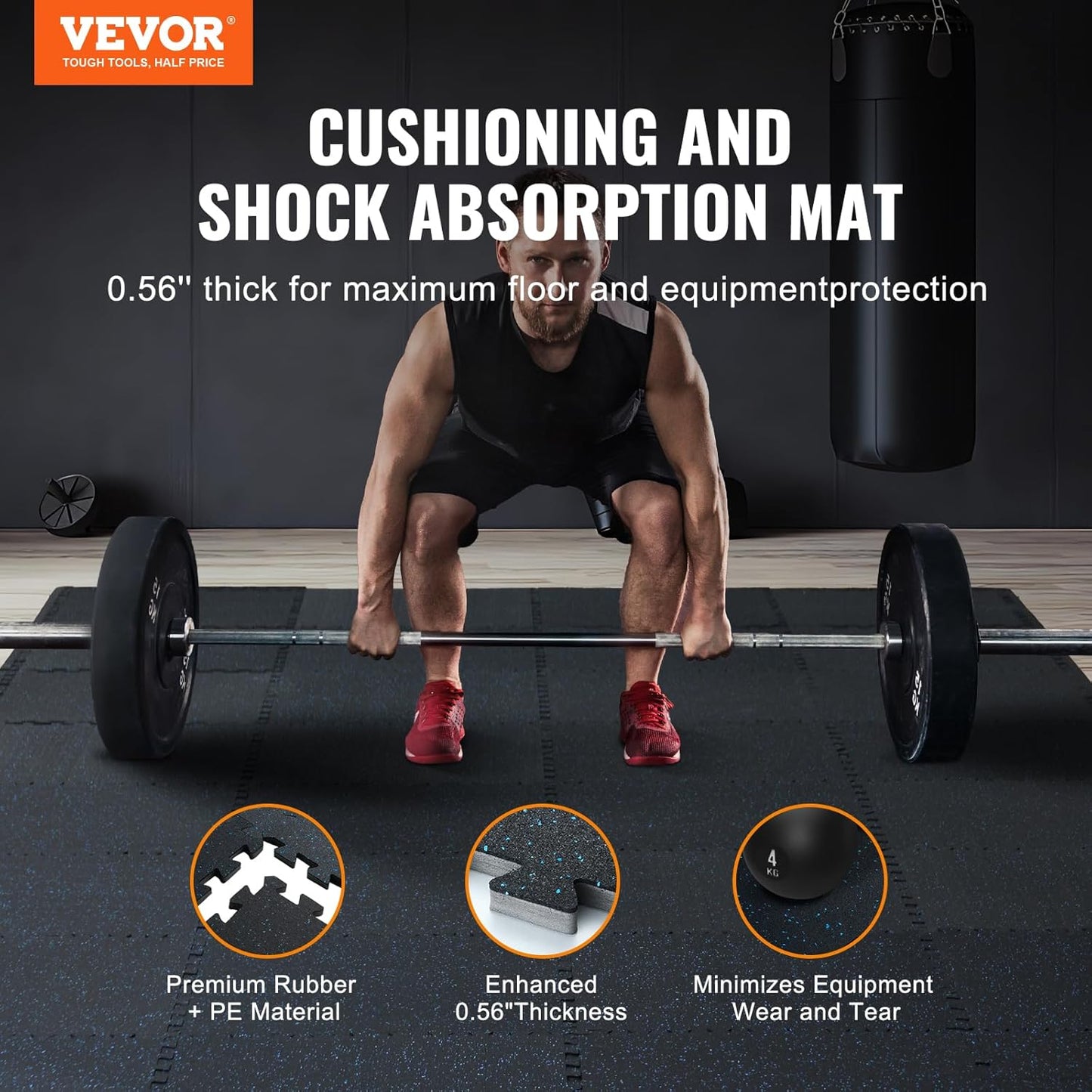 VEVOR 0.56 Inch Thick Gym Floor Tiles, 6 Tiles Rubber Top with EVA Foam, 25" x 25" Gym Flooring Workout Mats with 25 sq.ft Coverage, Interlocking Puzzle Gym Mats for Gym, Home, Garage, Black & Blue