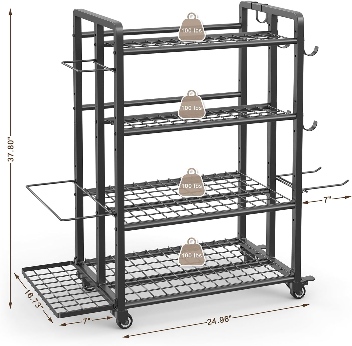 4-Tier Dumbbell Rack Stand Only, Adjustable Weight Rack for Dumbbells Kettlebells Yoga Mat, Home Gym Storage Rack with Wheels and Hooks, Powder Coated Finish