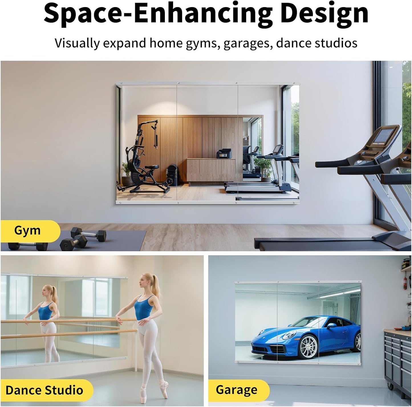 Home Gym Mirror - 48x24 Inch, 3PCS Frameless Tempered Glass Full Body Mirror for Wall Mount - Ideal for Yoga, Workout, Bedroom, Dance Studio (Silver)