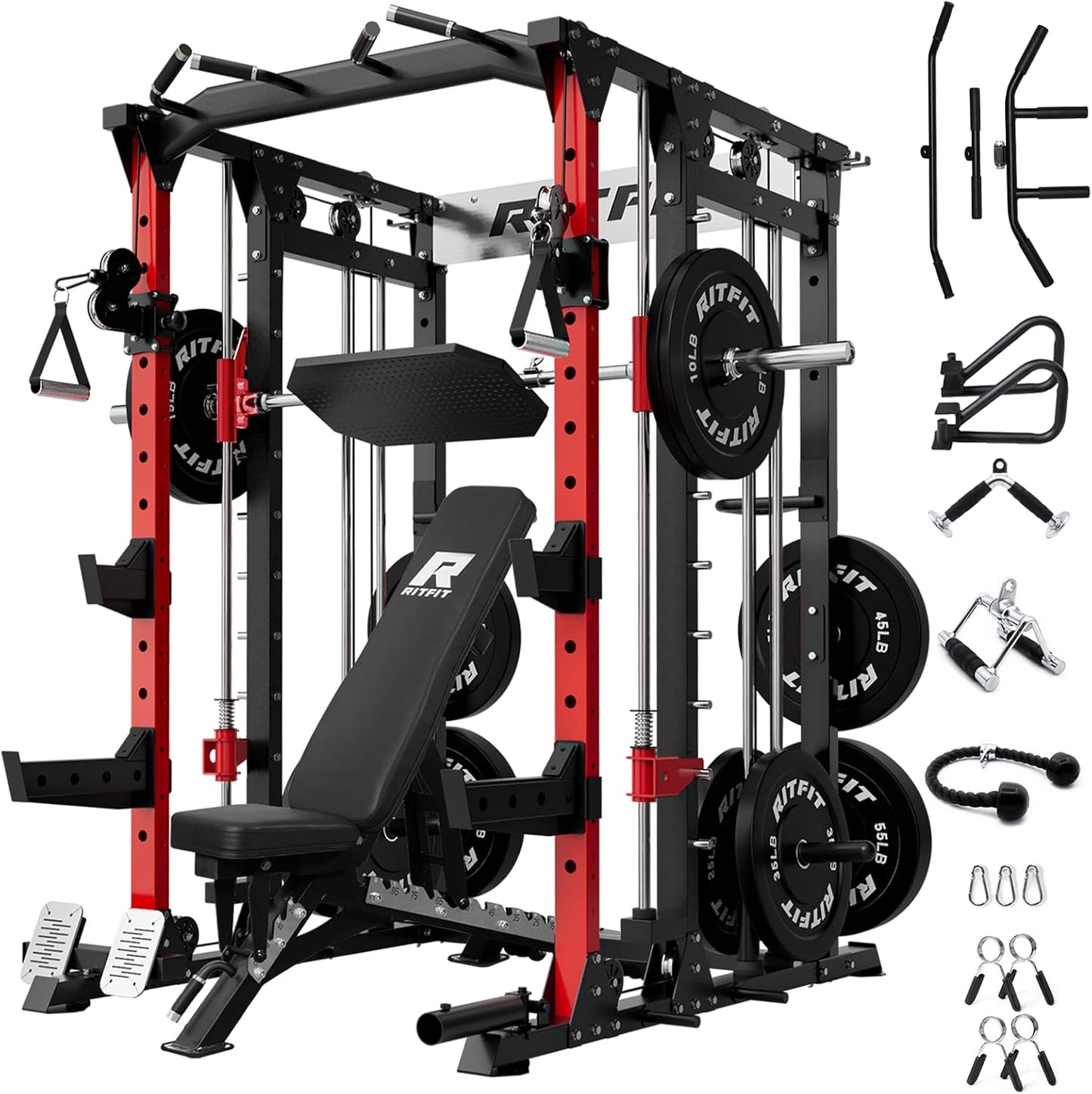 RitFit Buffalo Smith Machine, Power cage with LAT-Pull Down System & Cable Crossover System, All-in-One Squat Rack for Home Gym, Power Rack