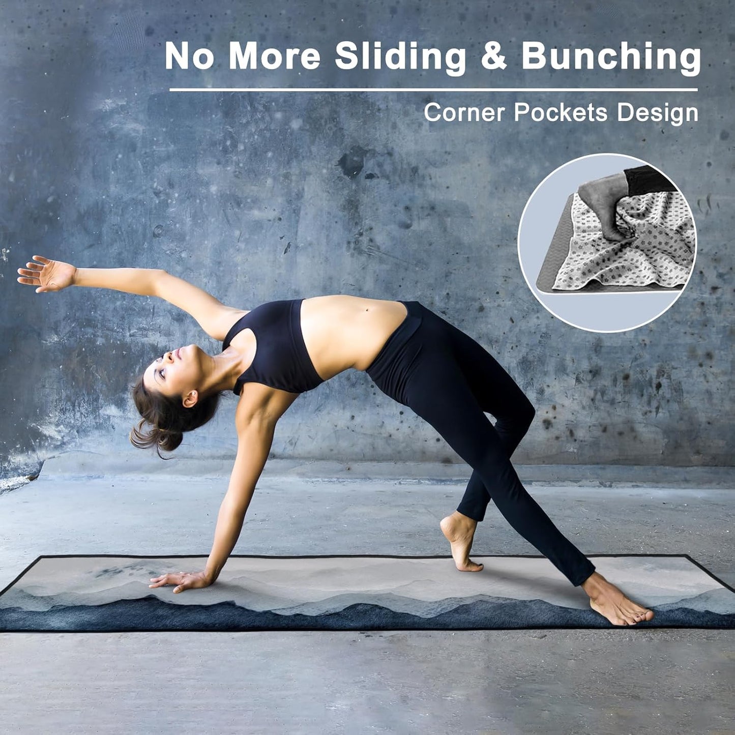 QIYI Large Yoga Mat Towel with Corner Pockets, Non Slip Sweat Absorbent Hot Yoga Towels, Soft Yoga Blankets with Travel Bag, Skidless Mat Cover for Workout, Gym, Fitness - 74"x26", Watercolor Mountain